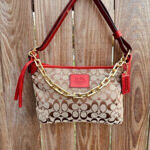 Vintage Coach Signature Shoulder Bag &Crossbody with Red Leather Trim